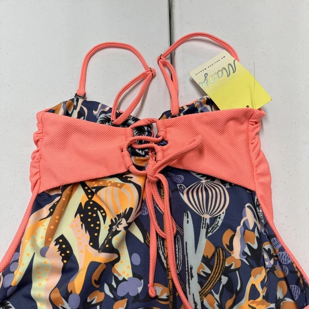 Maaji Swimsuit Reversible One Piece Pink Textured Blue Coral Ocean Print L Beach